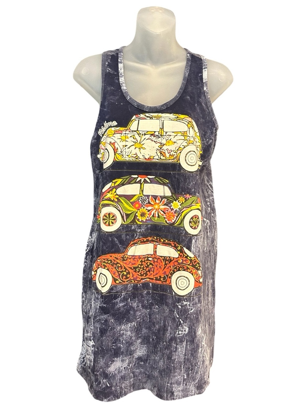 No Time Mini Tank Dress Tie Dye Dark Blue Wash Graphic Art Beetle Cars Size M
